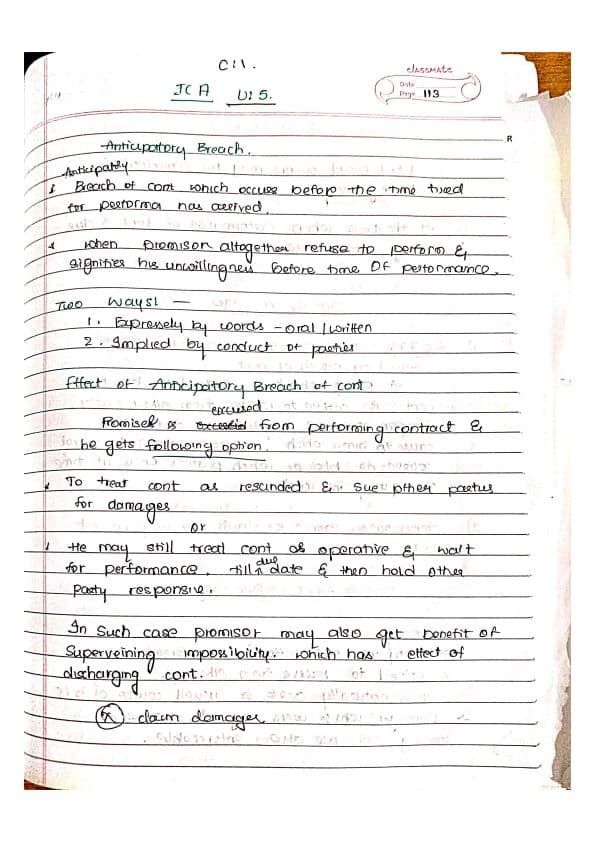 First page of ICA 1872, U-5 - breach of contract and its remedies , #last day revision notes,