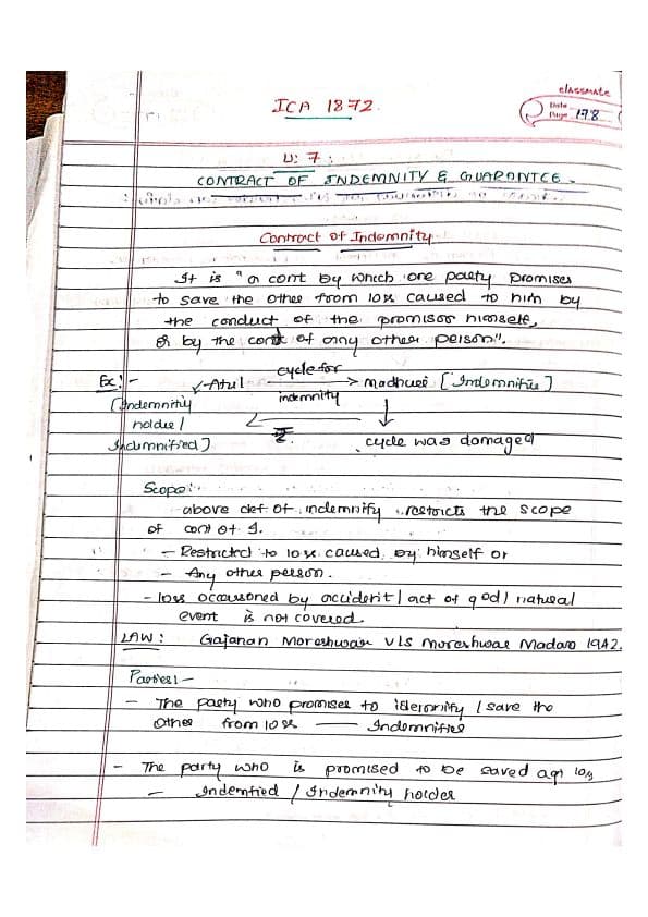 First page of ICA 1872, U-7- contract of indemnity & guarantee # last day revision & summary notes # chart notes # by igsir