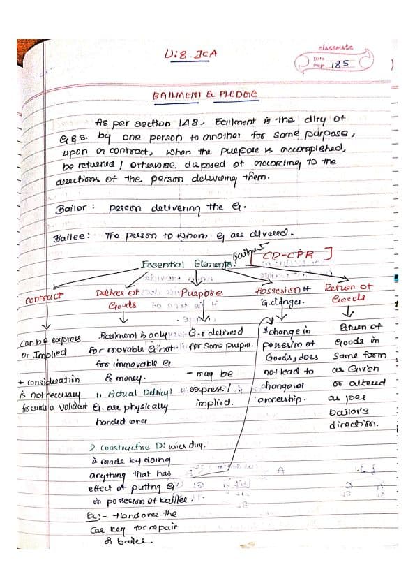 First page of ICA 1872,U-8- bailment and pledge # by igsir # chart notes for last day quick revision