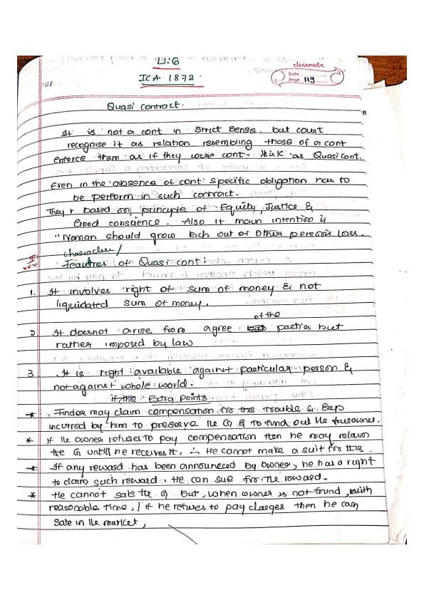 First page of ICA 1872, U-6- contignment &quasi contract # Last day revision and summary notes