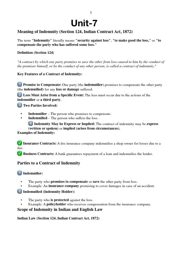 First page of Indian contract act unit-7