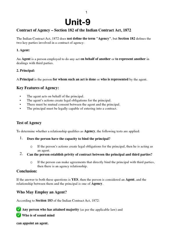 First page of Indian contract act unit-9