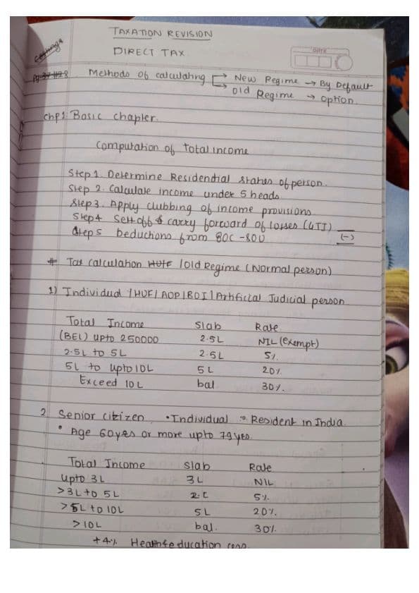 First page of Direct tax Chp 1A.basic concepts old and new regime Handwritten notes for may 25 onwards Follow for more
