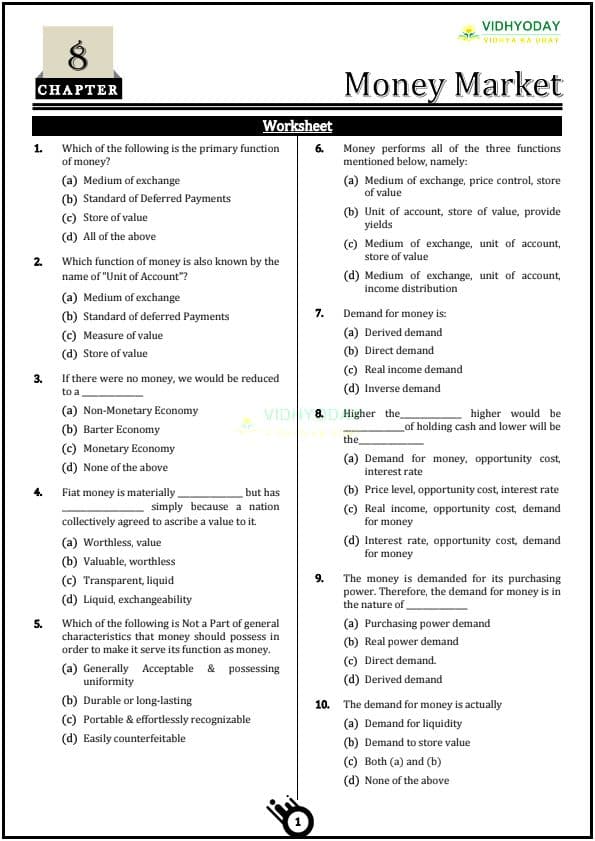 First page of Money market mcqs by Vidhyoday