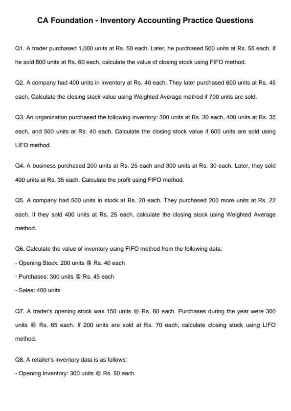 First page of Questions of Inventory