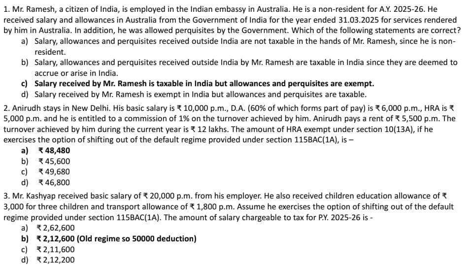 First page of CA Inter Taxation Paper 3A - Salaries (Practice questions)