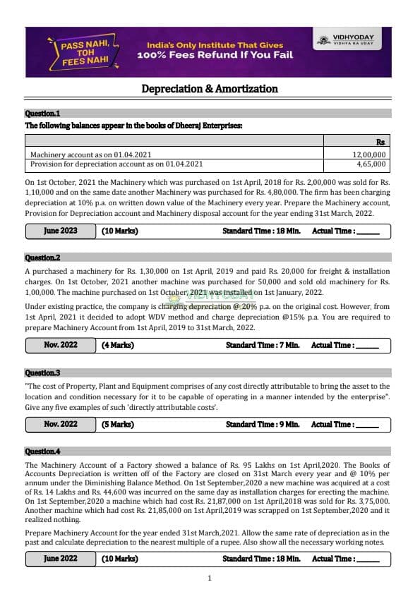 First page of THIS IS DEPRECIATION PRACTICE QUESTIONS FOR MAY 25 ATTEMPTING STUDENTS BY VIDYODAY