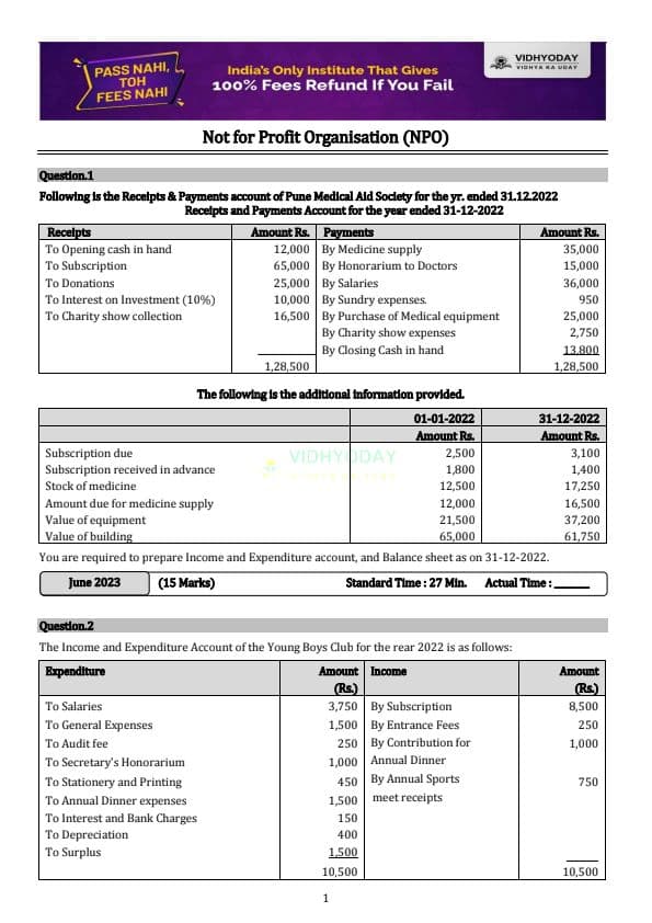 First page of Practice Questions of NPO - Accounts By VIDYODAY for students ATTEMPTING May 25
