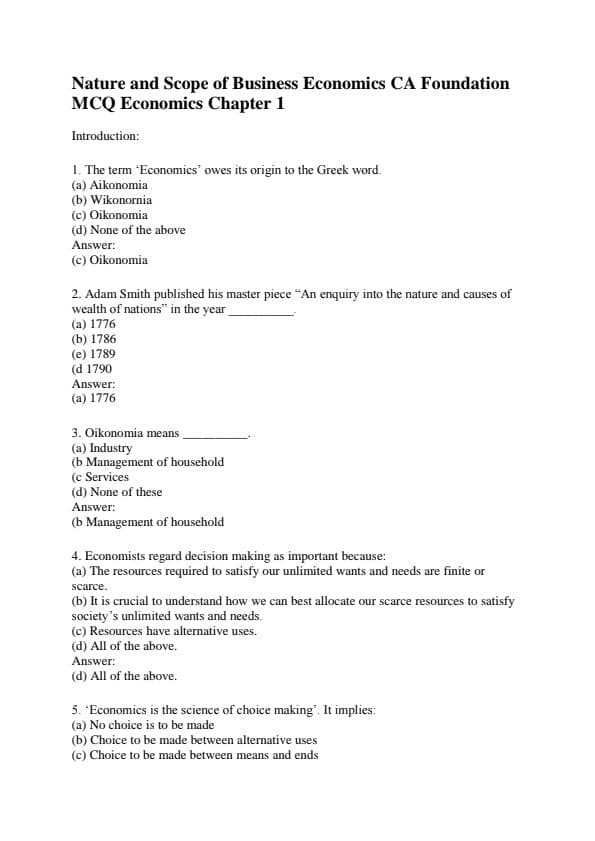 First page of Ch -1 Economics practice questions