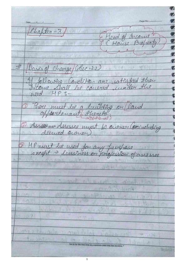 First page of Direct tax : Chapter: Income u/h House property Hand written notes with examples