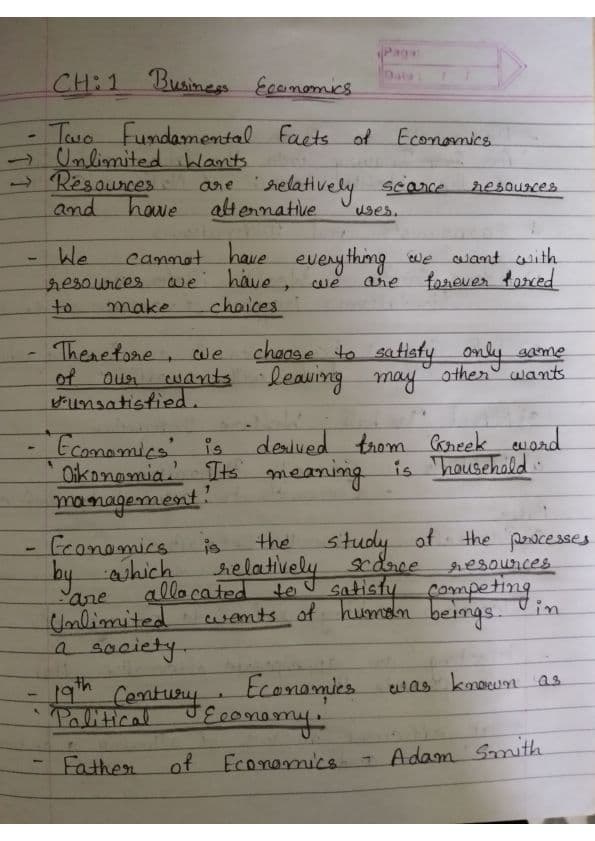 First page of Business Economics Ch 1 Nature & Scope of Business Economics Summary notes Quick Revision