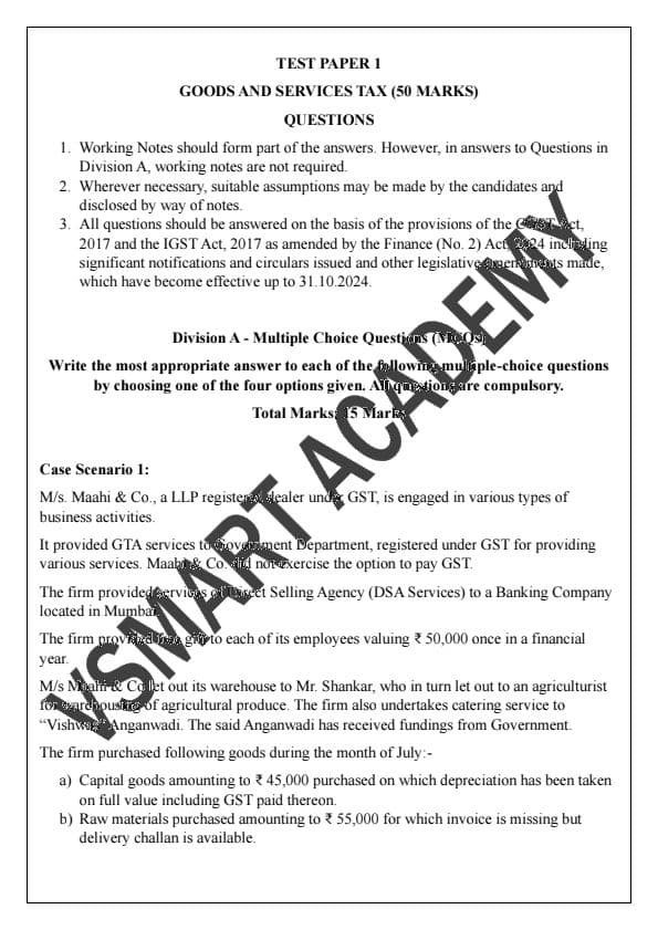 First page of GST booster test paper Vishal battad