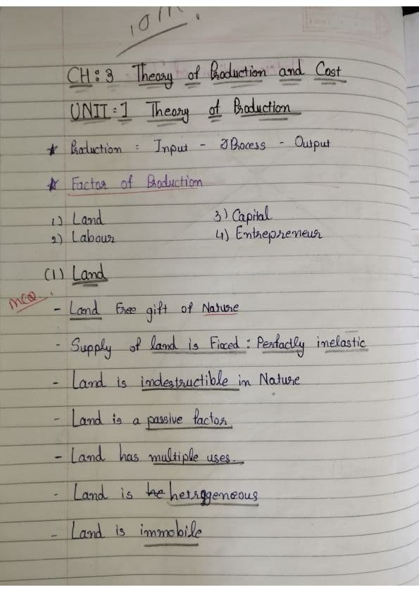 First page of Business economics Ch 3 Theory of Production and Cost Summary Notes Quick Revision