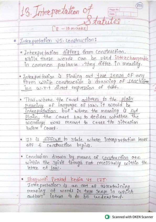 First page of Handwritten notes Interpretation of statute By shubham singhal