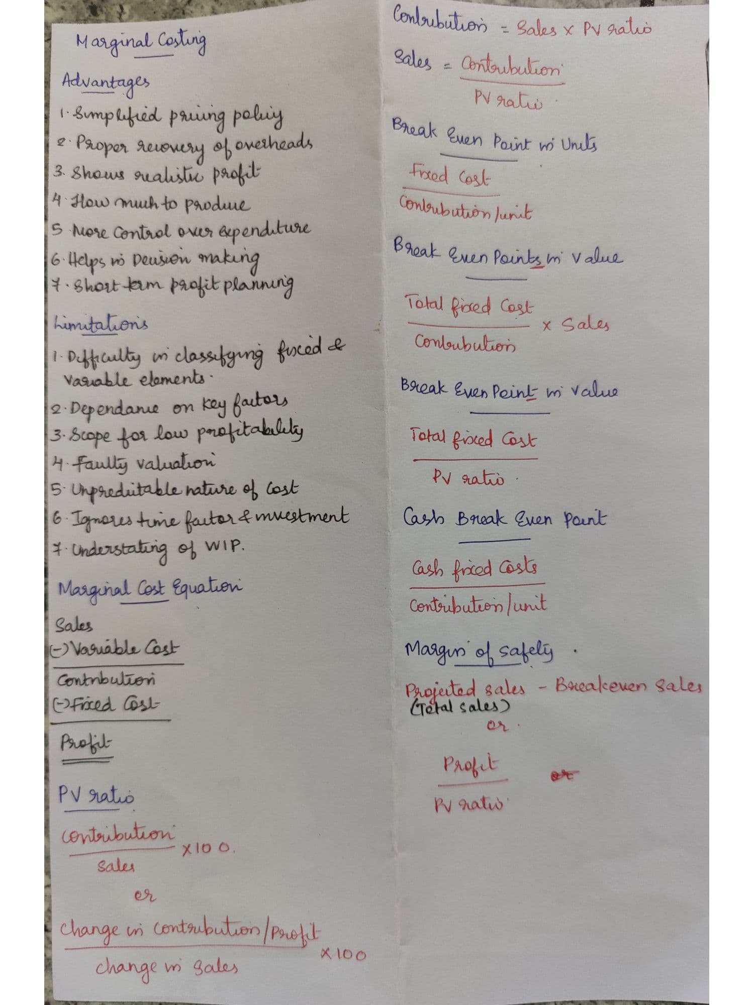First page of Marginal Costing Summary Notes