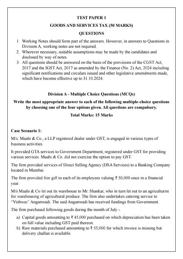 First page of GST Test paper 1 By Vishal Bhattad sir