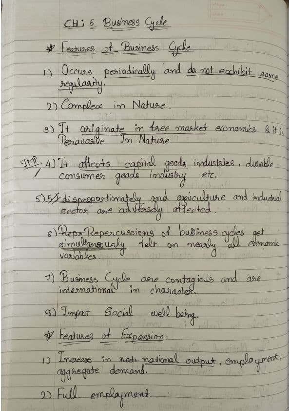 First page of Business economics Ch 5 Business Cycle Summary notes Quick revision