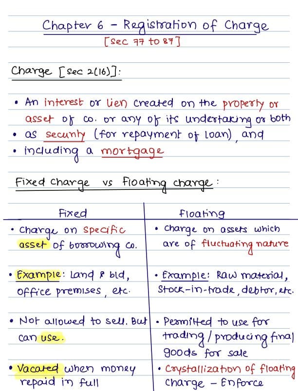 First page of Registration of Charges Handwritten Notes