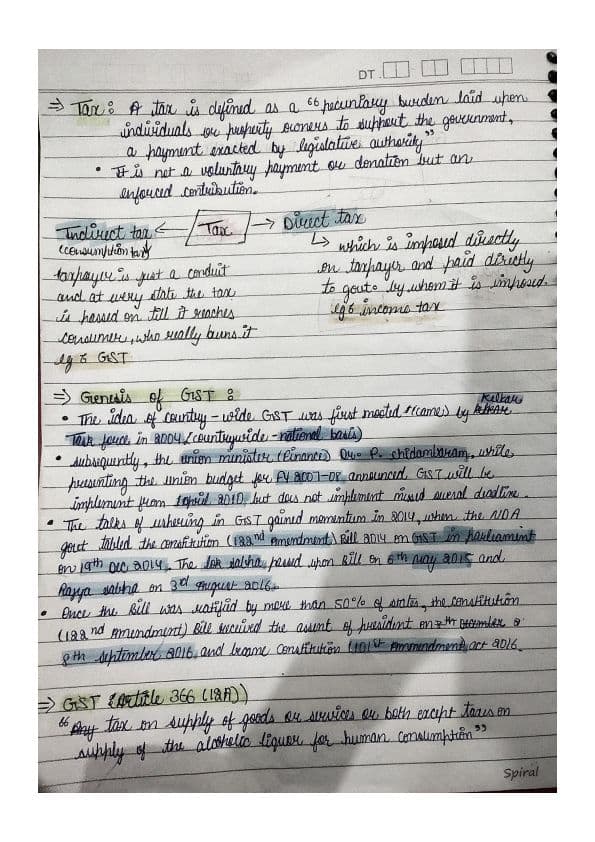 First page of These are detailed notes for introduction of gst (handwritten notes ) as per study matt and other resources