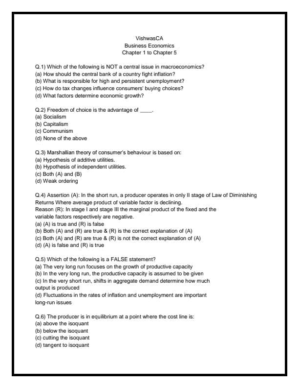 First page of Business economics practice questions CA foundation chapter 1 to 5