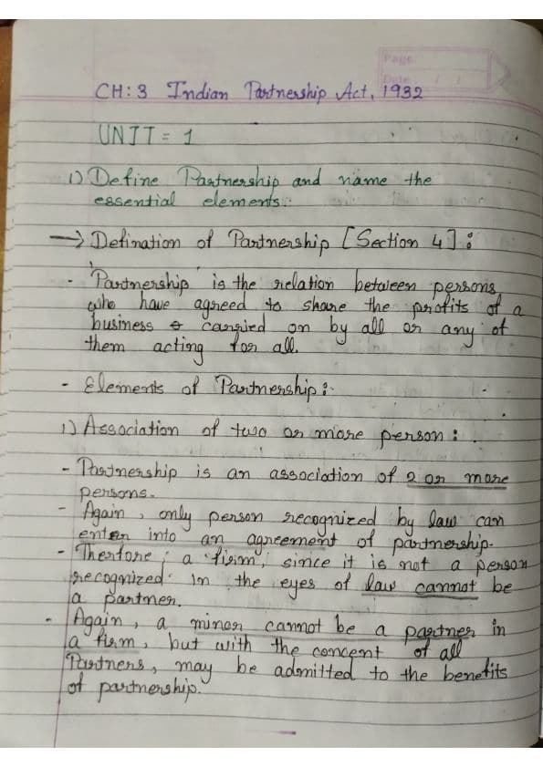 First page of Business Law Ch 4 The Indian Partnership Act, 1932 UNIT 1 Summary Notes Quick revision