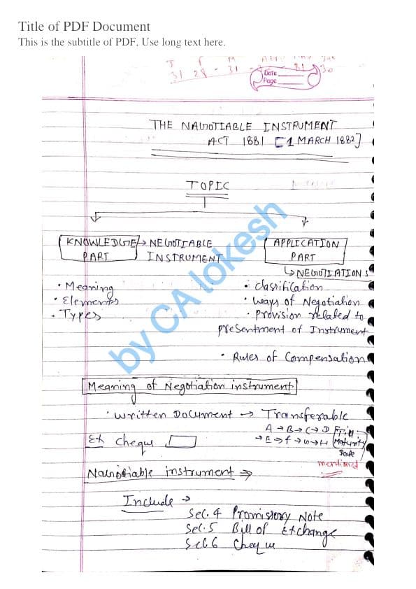 First page of Hand written notes for quick summarize