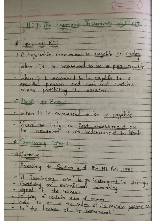 First page of Business Law Ch 7 Negotiable Instrument Act, 1881 Summary notes Quick revision