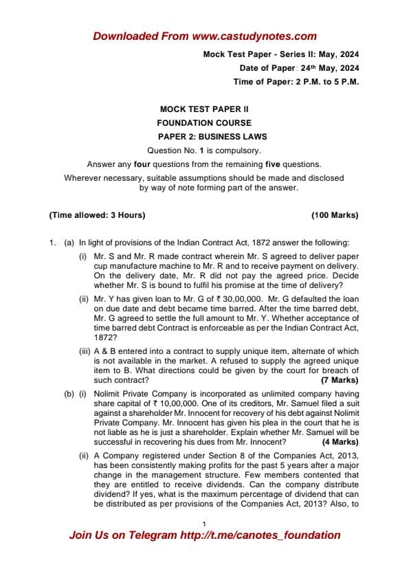 First page of Law mtp important and suggested answers as per institute of chartered accountants of India