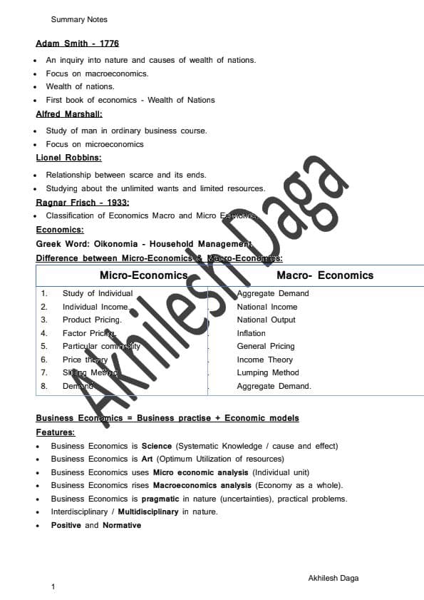 First page of Economics summary notes
