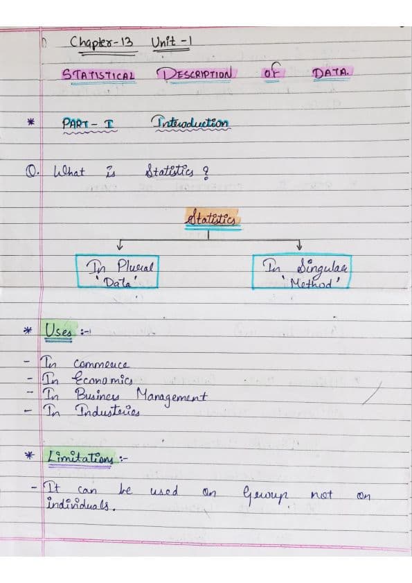First page of Statistical description of data handwritten detailed notes