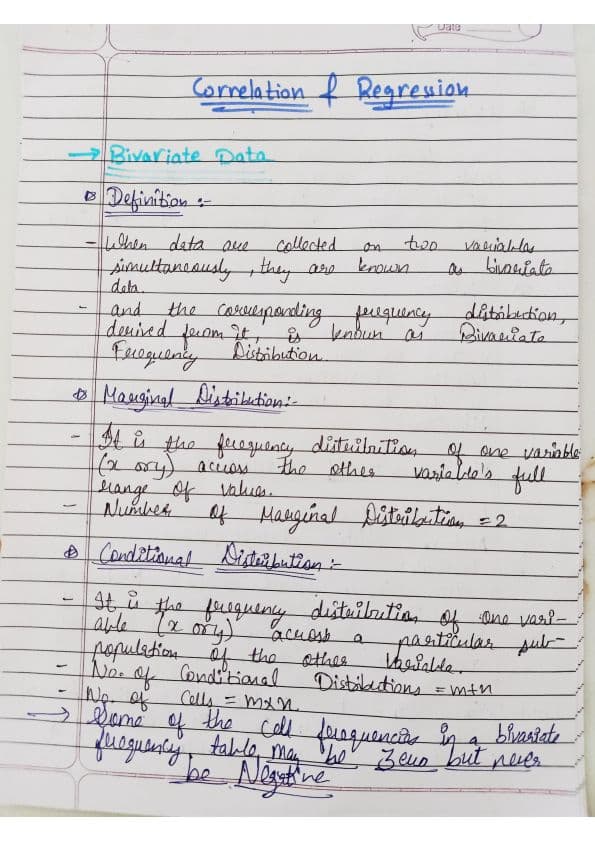 First page of Correlation regression handwritten notes