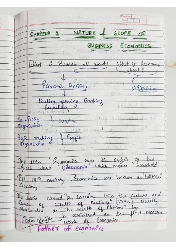 First page of Nature and scope of business economics Handwritten detailed notes