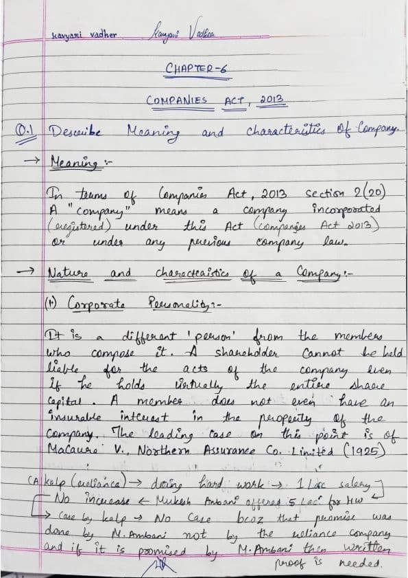 First page of The companies act 2013 summary of few topics and case law studies summary explanation and it also includes few previous year questions
