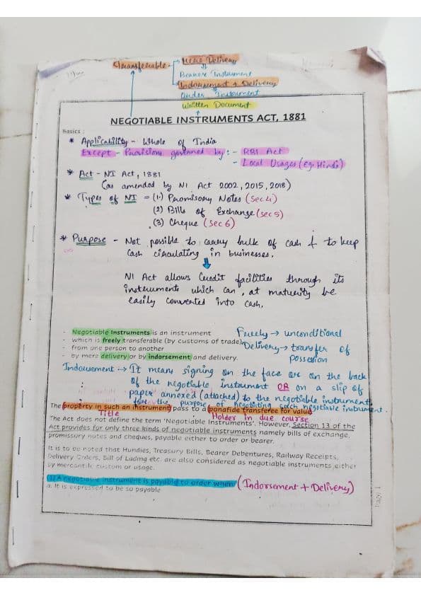 First page of Law chapter 7 negotiable instrument act 1881 full detailed notes