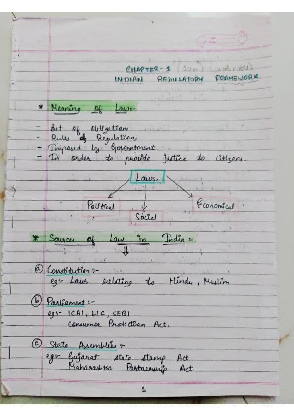 First page of Business law chapter 1 indian regulatory framework handwritten summary and detailed notes