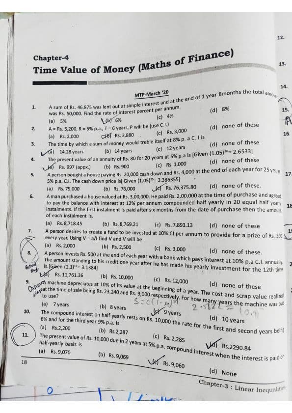 First page of QA chapter 4 Maths of Finance ( Time value of money) 145 practice questions with answer keys