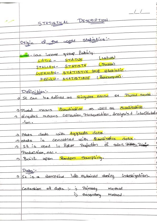 First page of Hand written notes for statistical distribution of data
