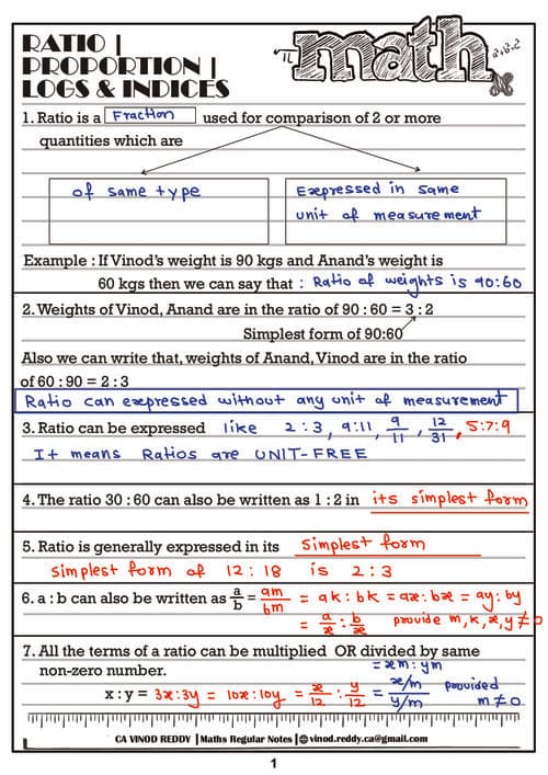 First page of Ratio, Proportion, logs & Indices by Ca vinod Reddy sir