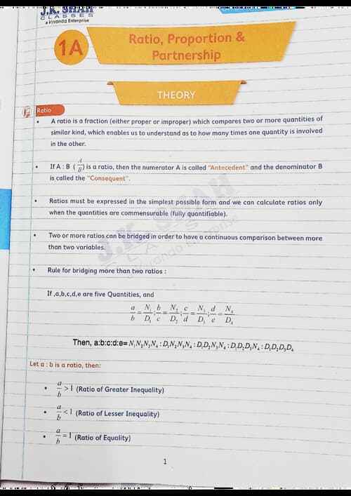 First page of QA chapter 1 ratio proportion indices and logarithms notes