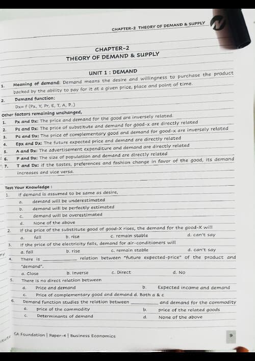 First page of Business Economics chapter 2 Theory of demand and supply notes and mcq practice questions after completion of a particular topic