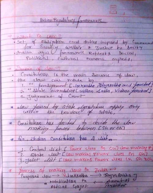 First page of Hand written note of indian regulatory framework