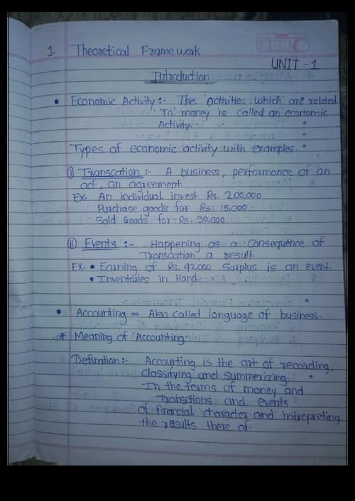 First page of Accounts Hand Written Theory Notes