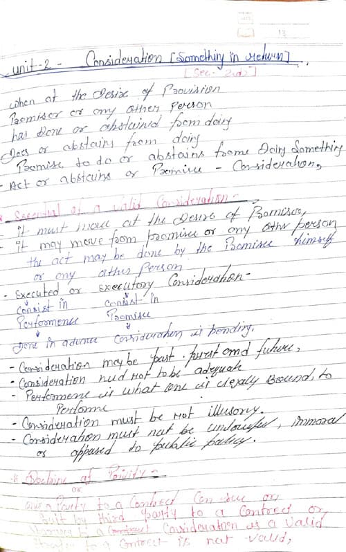 First page of Indian contrect act unit 2 handwritten notes
