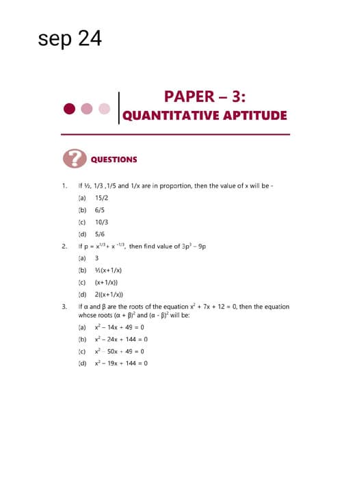 First page of RTP - paper 3 Quantitative aptitude with answers