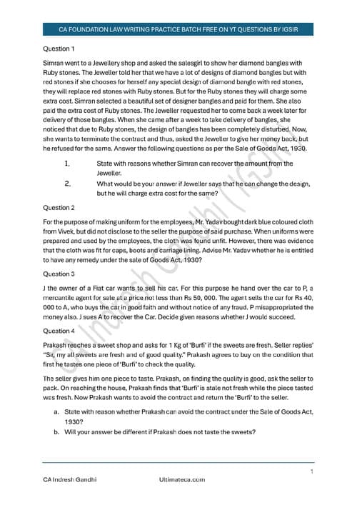 First page of SOGA , Sales of goods act, 1930 practice questions IG Sir