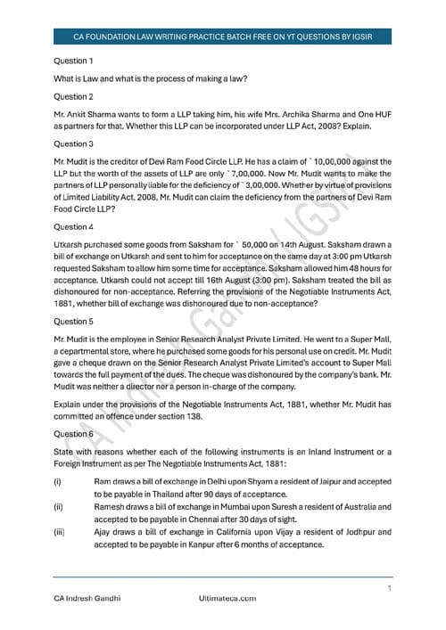 First page of Practice questions, IG Sir IRF LLP,2008 Negotiable Instrument Act,1881