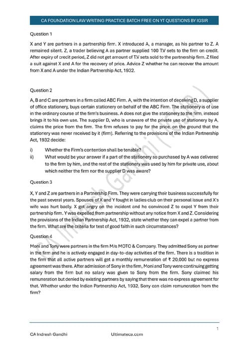 First page of Indian Partnership Act,1932 practice questions IG Sir
