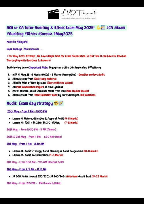 First page of Audit Exam Preparation Strategy, May 2025, by CA Vivek Gupta