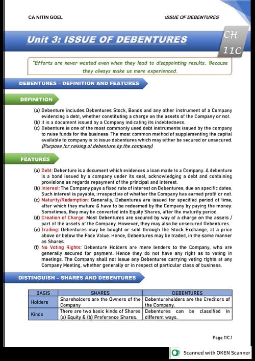First page of Issue of Debentures, concept +questions With solution