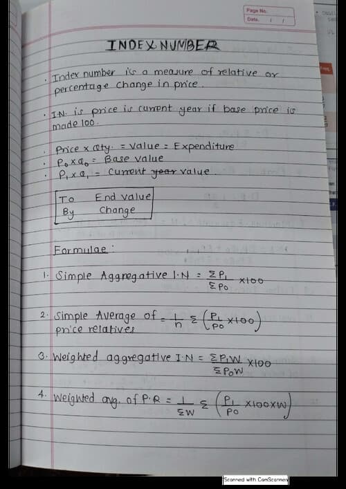 First page of Index Numbers handwritten notes.